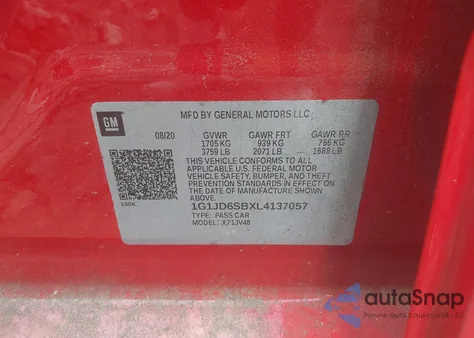 2020 Chevrolet Sonic from USA, damaged, VIN 1G1JD6SBXL4137057